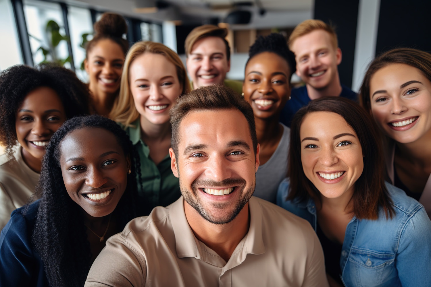 Multicultural happy people taking group selfie portrait in the o